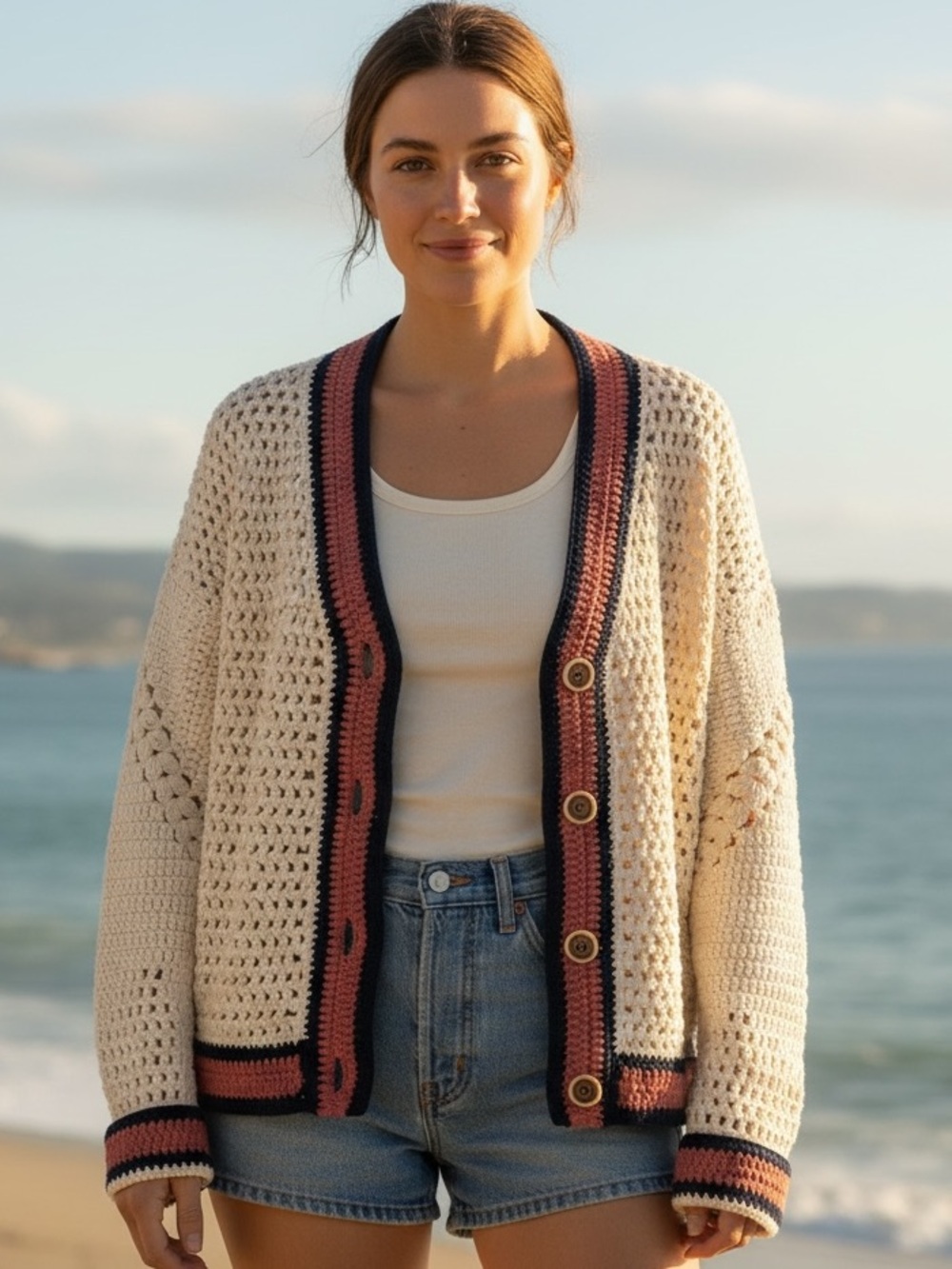 Re/Done 50s V-Neck Cardigan  in Cream with Blue Pink Women S